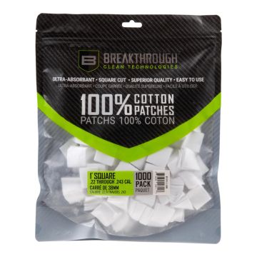 Breakthrough Clean Technologies Cotton Patches, 1" Square, .22 Thru 243 Caliber, 1,000-Pack